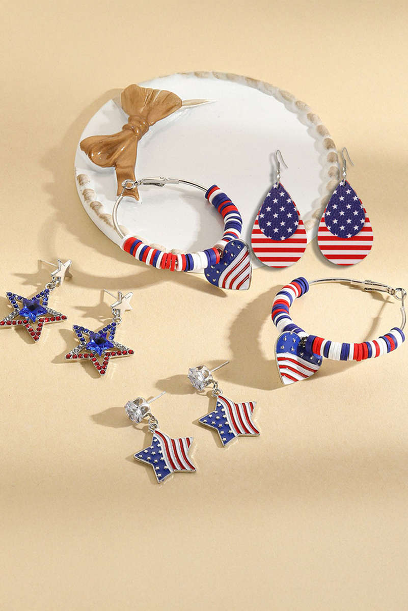 Silvery US Flag Heart Pendant Beaded Big Hoop Earrings
