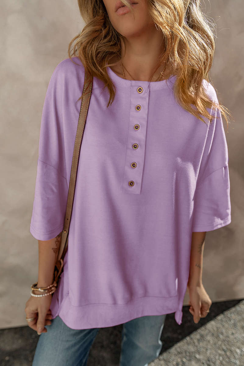 Orchid Petal Exposed Seam Button Neck Wide Sleeve Tunic Top