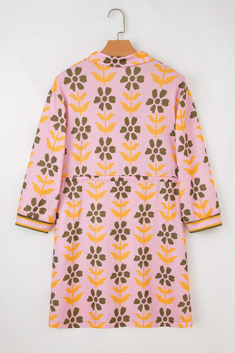 Pink Floral Print Zip Neck Striped Patchwork Long Sleeve Drawstring Dress