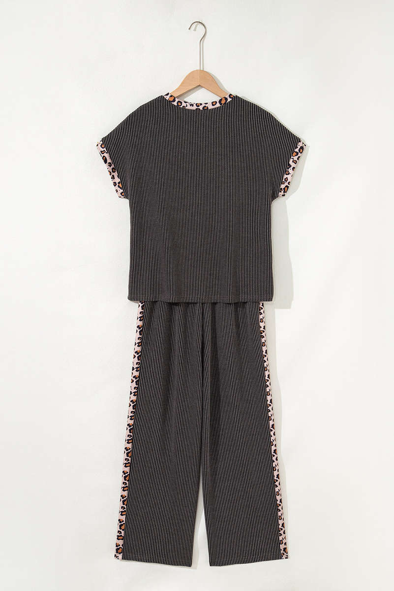 Carbon Grey Leopard Patchwork Edge Twisted Rib T Shirt and Cropped Pants Set