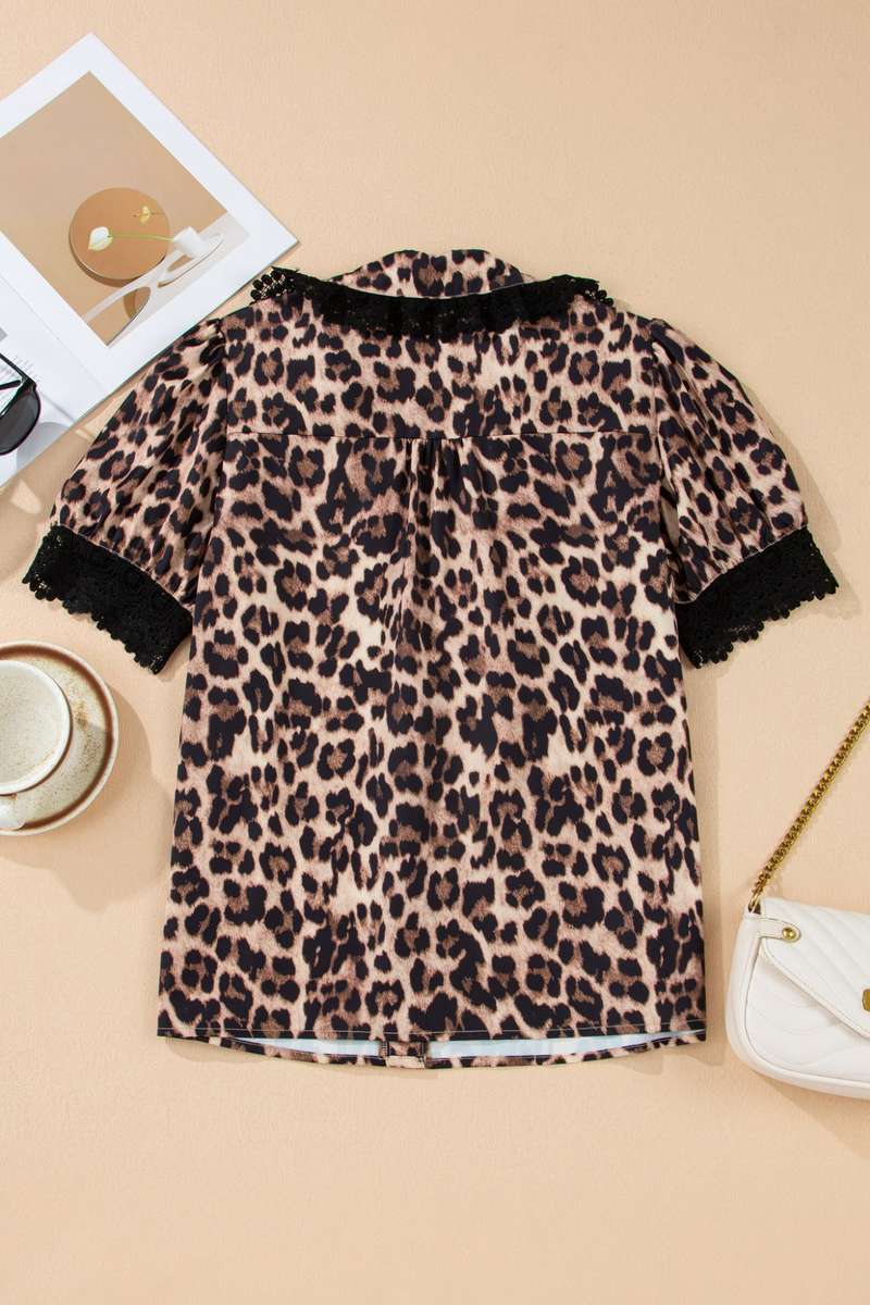 Brown Leopard Print Button Down Lace Trim Short Sleeve Shirt