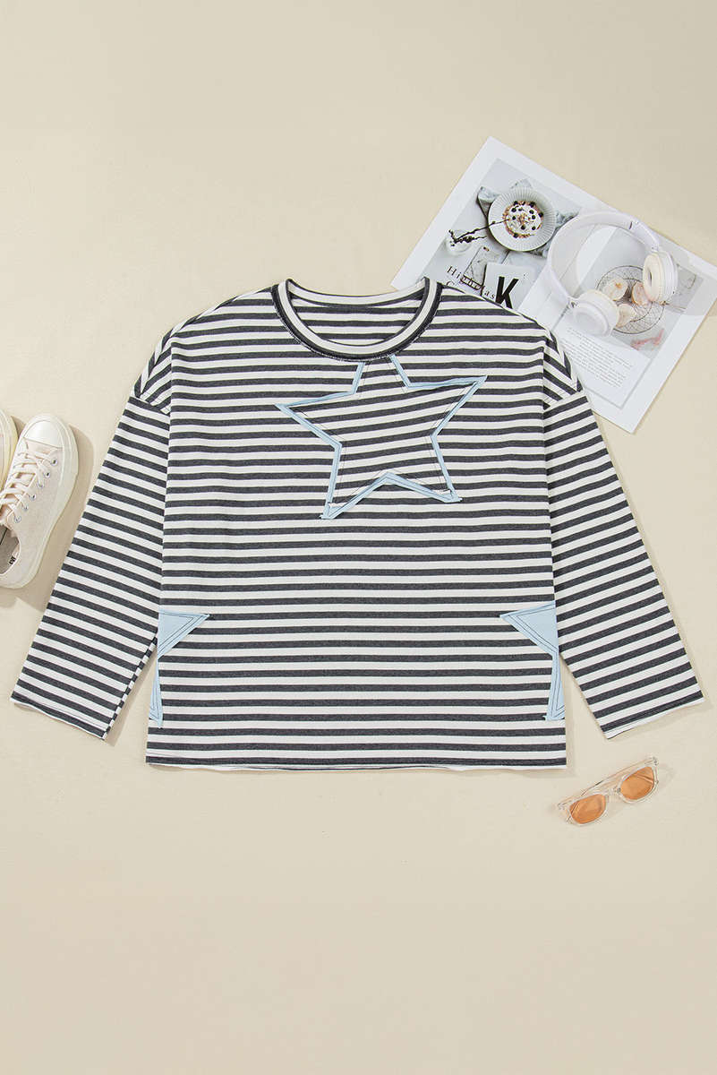 Gray Stripe Contrast Star Stitched Plus Size Long Sleeve Top