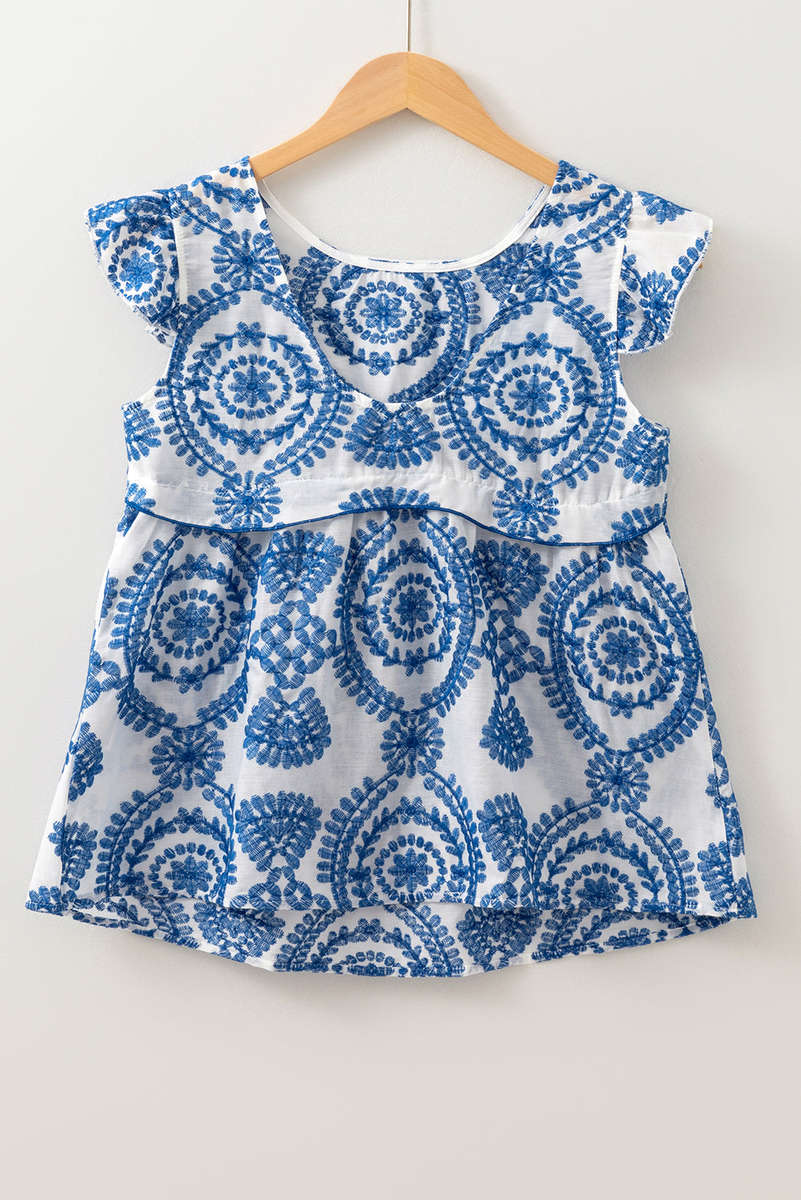 Blue Boho Print Flutter Sleeve Crew Neck Blouse