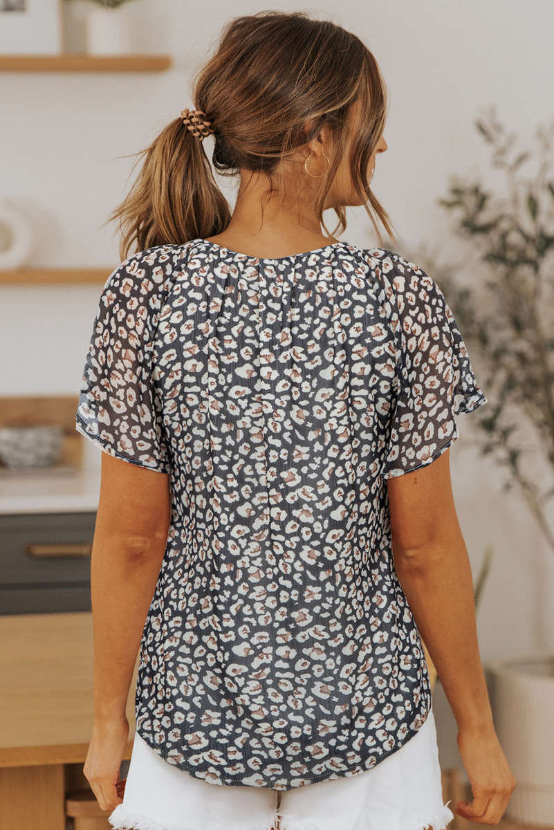 Black Flutter Sleeve V Neck Floral Summer Blouse