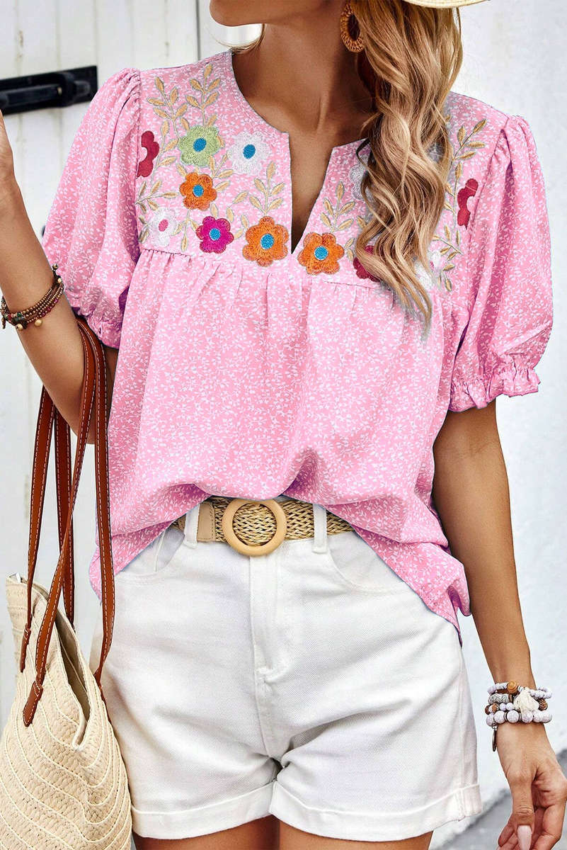Pink Floral Embroidered Puff Sleeve Notched V Neck Blouse