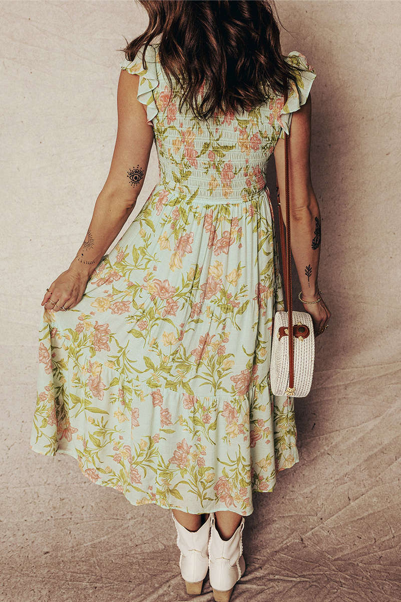 Yellow Smocked Bodice Ruffled Sleeveless Tiered Floral Maxi Dress