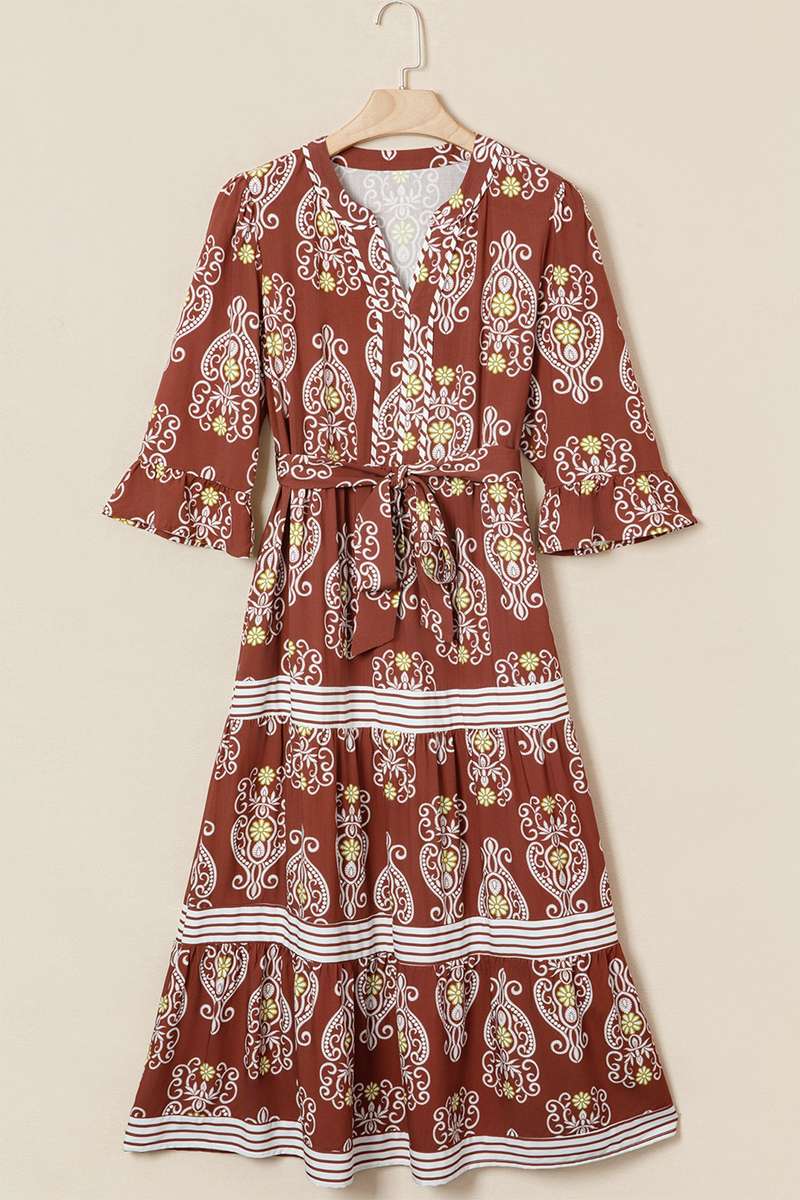 Brown Floral Print Belted Striped Trim Tiered Maxi Dress