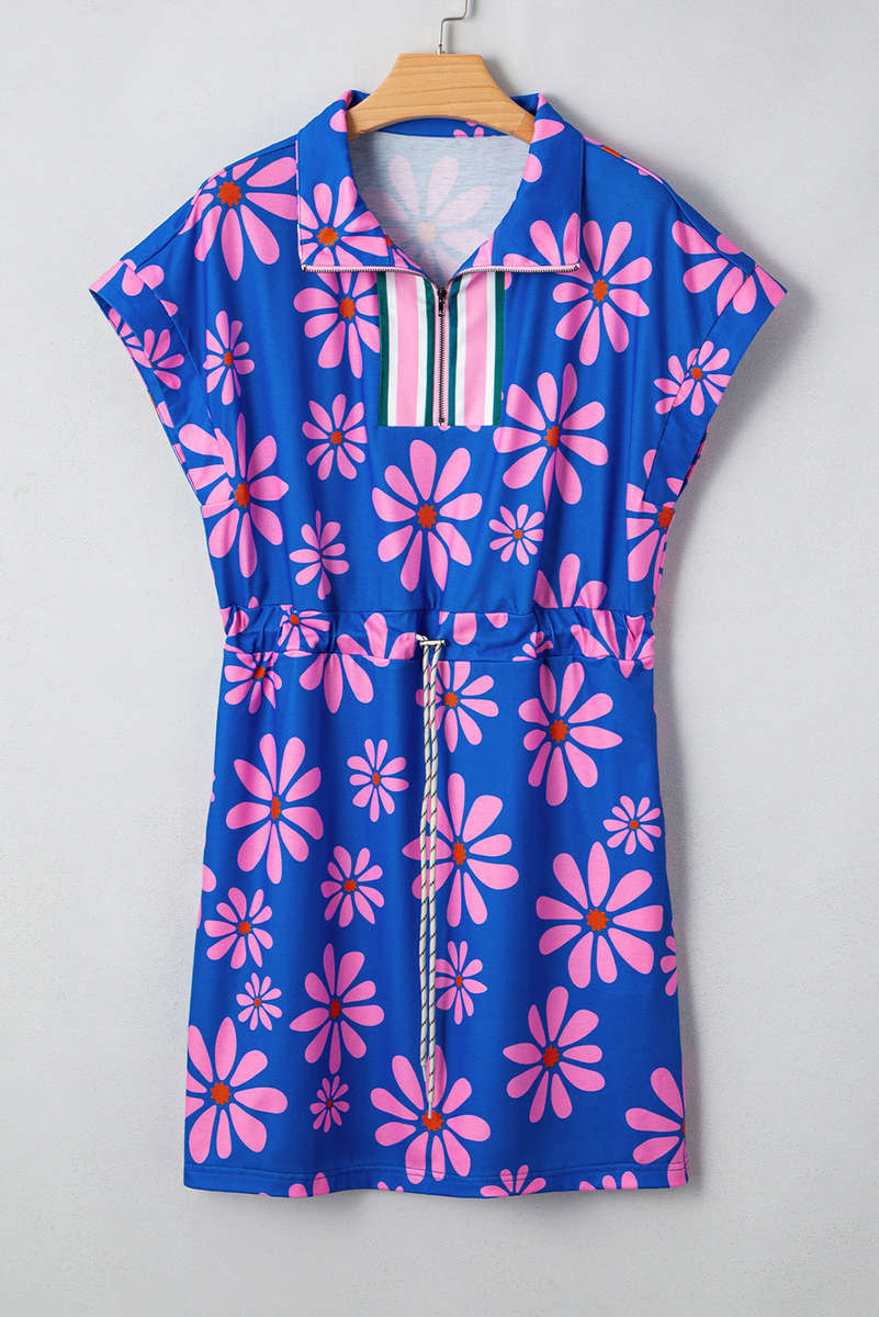 Purple Floral Striped Quarter Zip Cap Sleeve Drawstring Waist Mini Dress