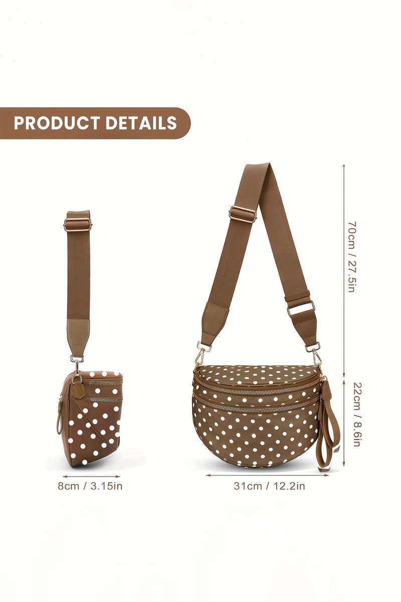 Camel Polka Dot Print Gold Chain Strap Double Zipper Crossbody Bag