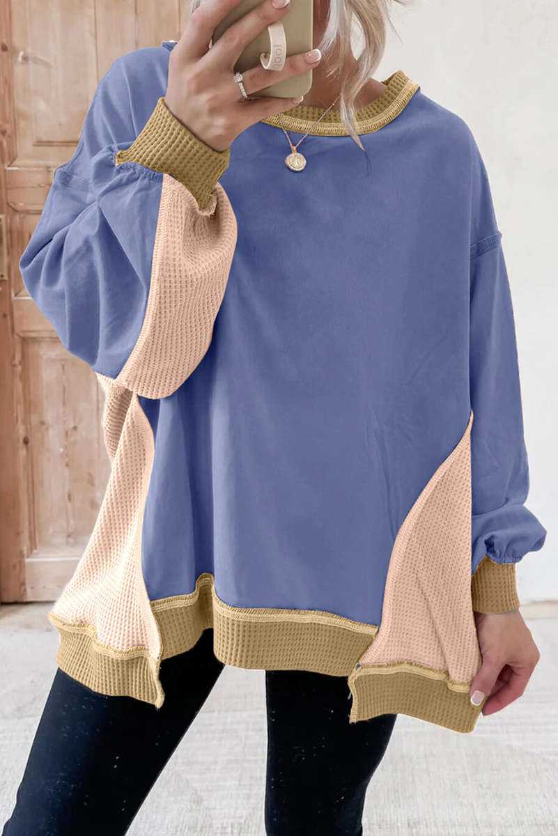 Wild Wind Color Block Mix Texture Waffle Patchwork Oversize Sweatshirt