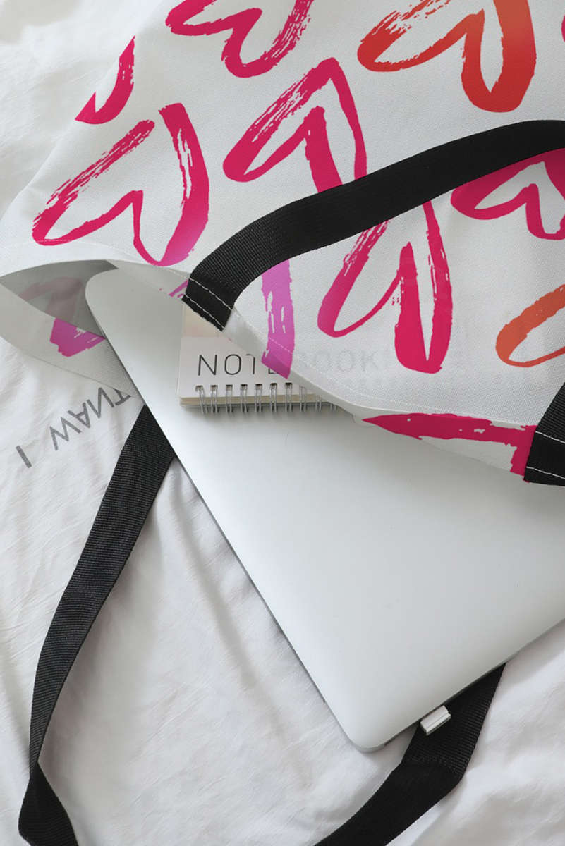 Bright Pink Heart Shape Print Canvas Large Tote Bag