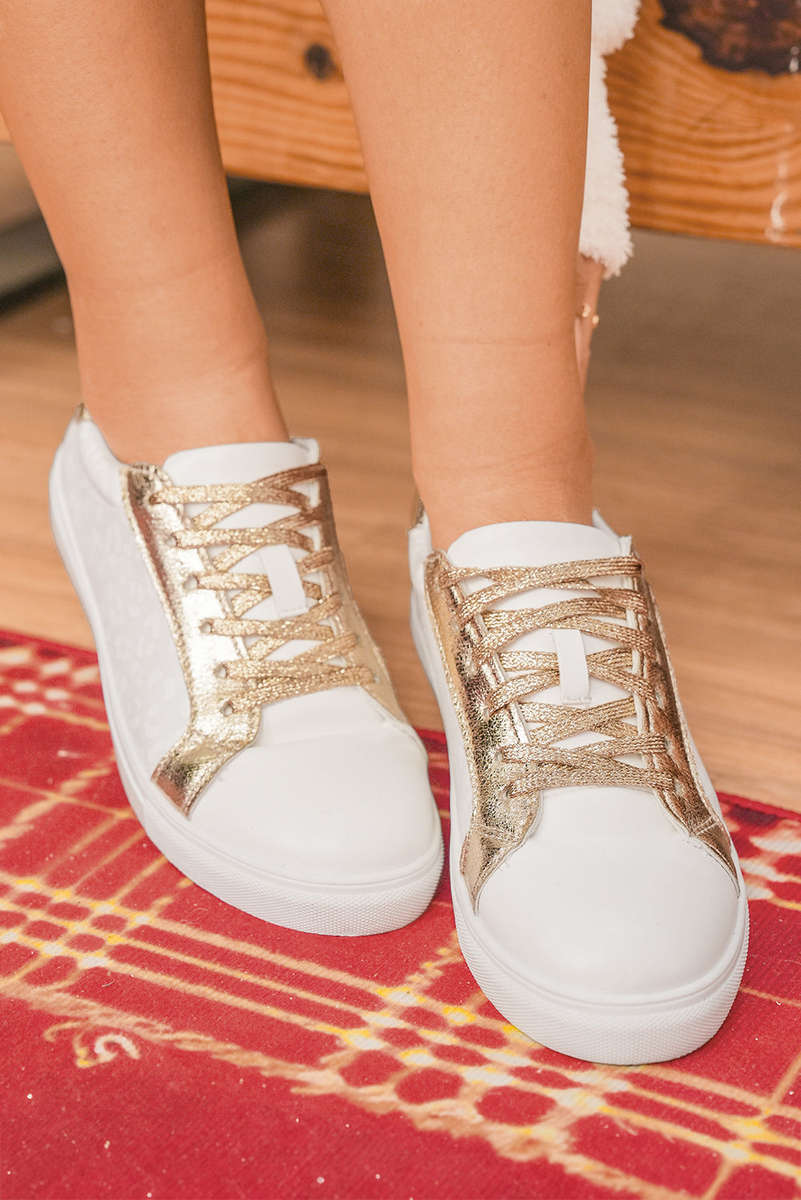 White Leopard Print Glitter Patched PU Leather Lace-up Shoes