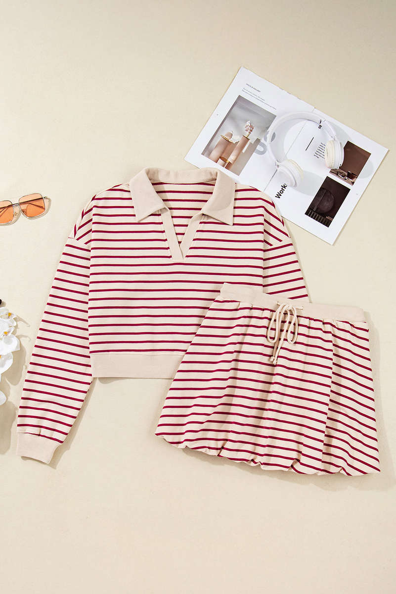 Red Stripe Cropped Collared Drop Shoulder Pullover and Bubble Mini Skirt Set