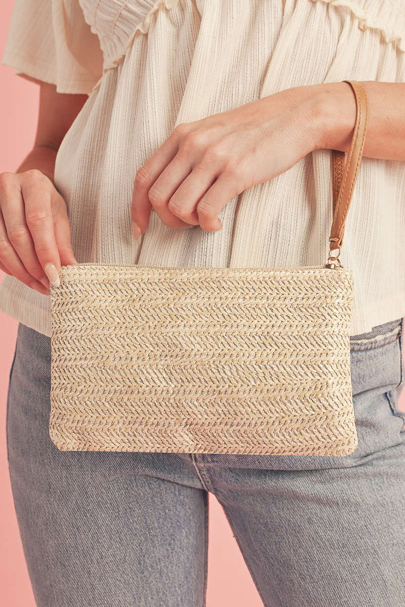 Oatmeal Straw Woven Wrist Strap Zipper Large Wallet