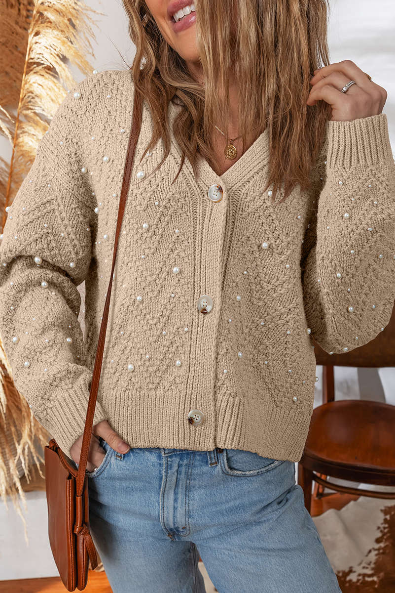 Smoke Gray Pearl Embellished Button Front V Neck Sweater Cardigan
