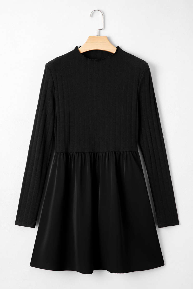 Black Frilled Neck Ribbed Knit Patchwork Long Sleeve Mini Dress