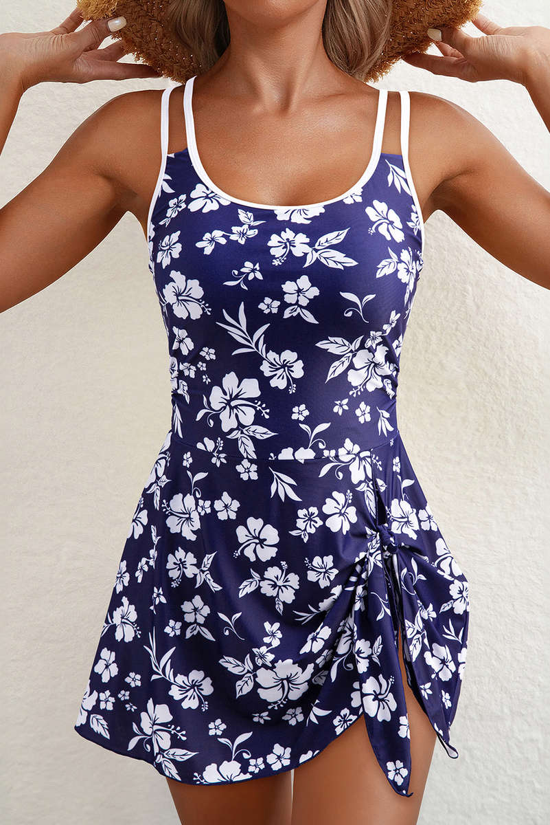 Blue Crossed Back Floral Print Asymmetric Knot Side One Piece Swimsuit