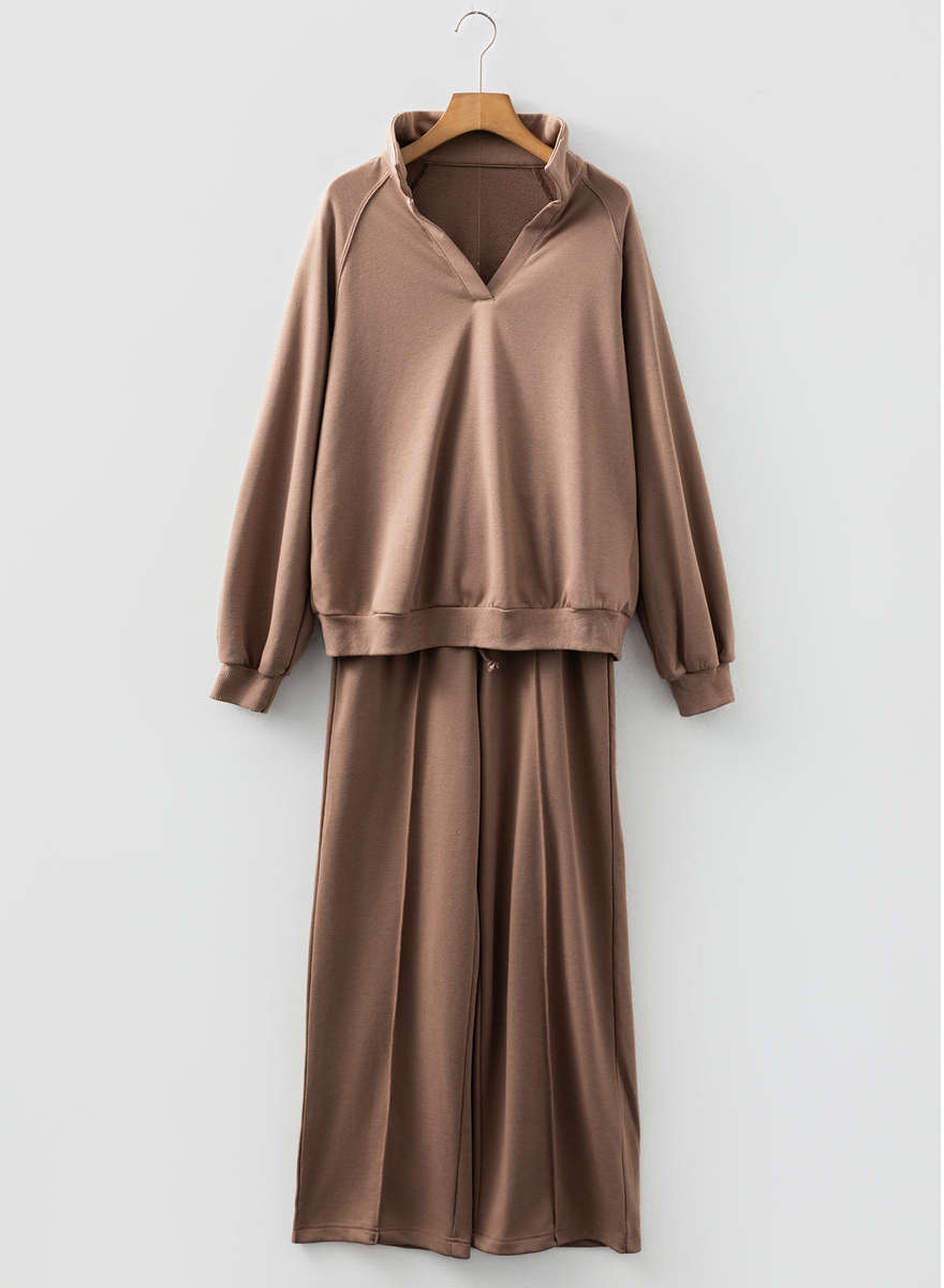 Dark Khaki Polo Collar V Neck Pullover and Drawstring Sweatpants Set