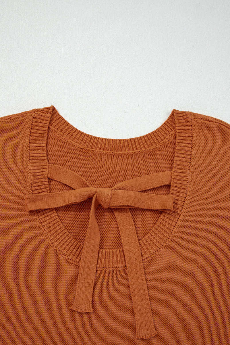 Gold Flame Solid Color Ribbed Trim Drop Shoulder Sweater