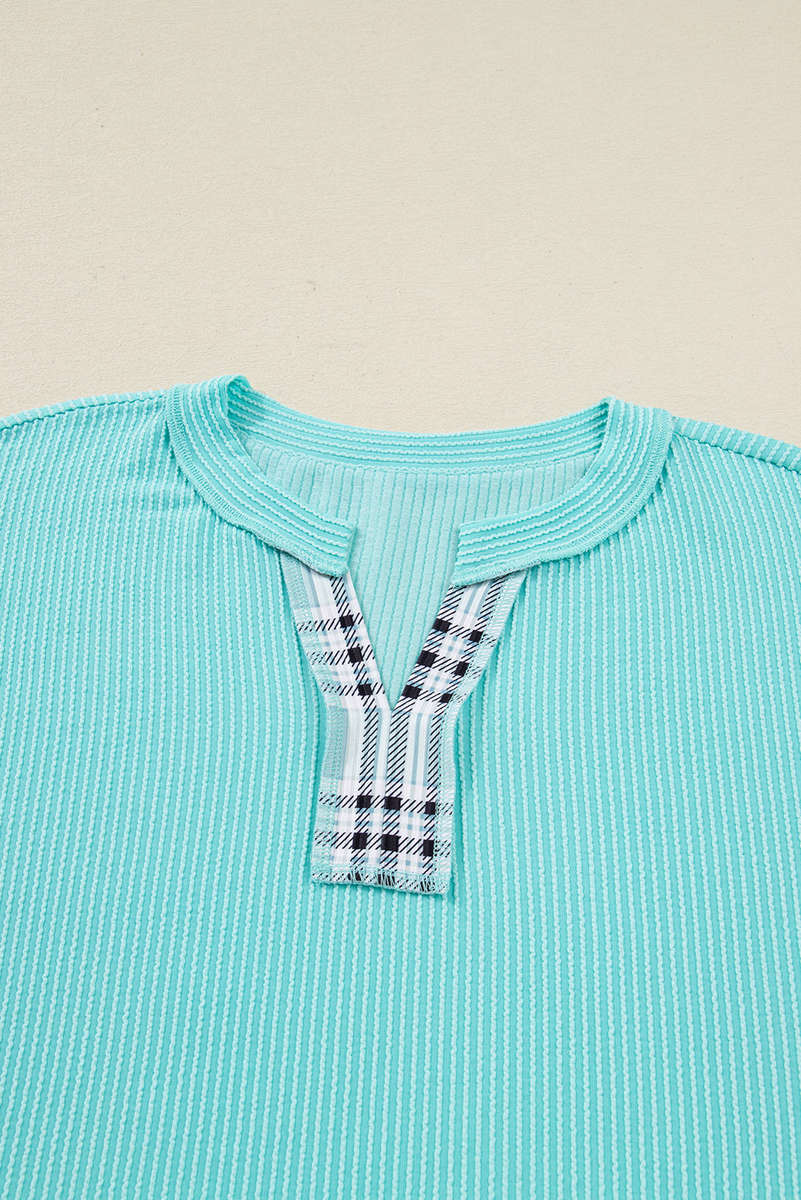 Aruba Blue Twist Ribbed Color Block Plaid Patchwork Plus Size Long Sleeve Top