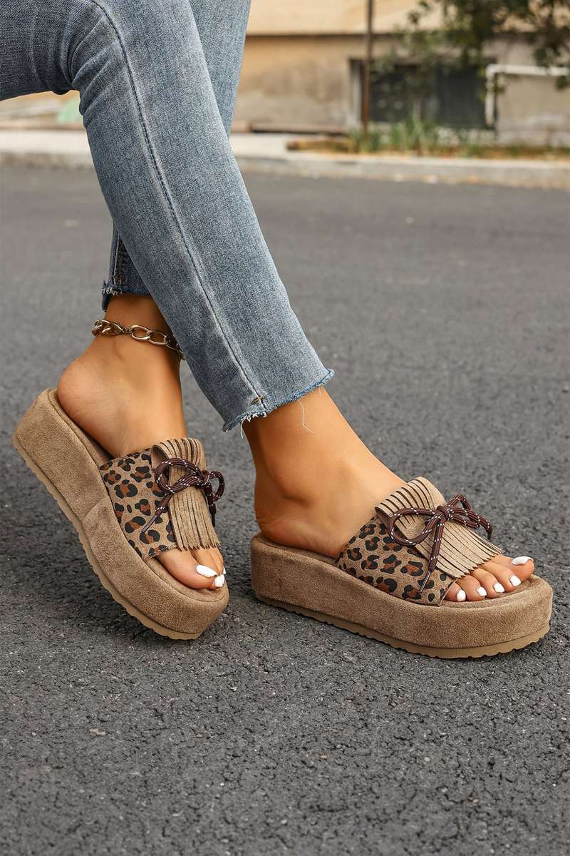 Coffee Leopard Faux Suede Slashed Lace-up Detail Platform Slippers