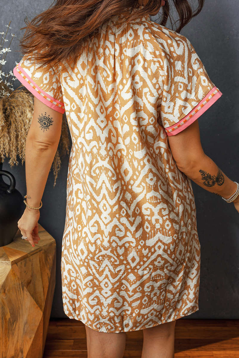Khaki Western Fashion Print Striped Color Block Patchwork Shift Mini Dress