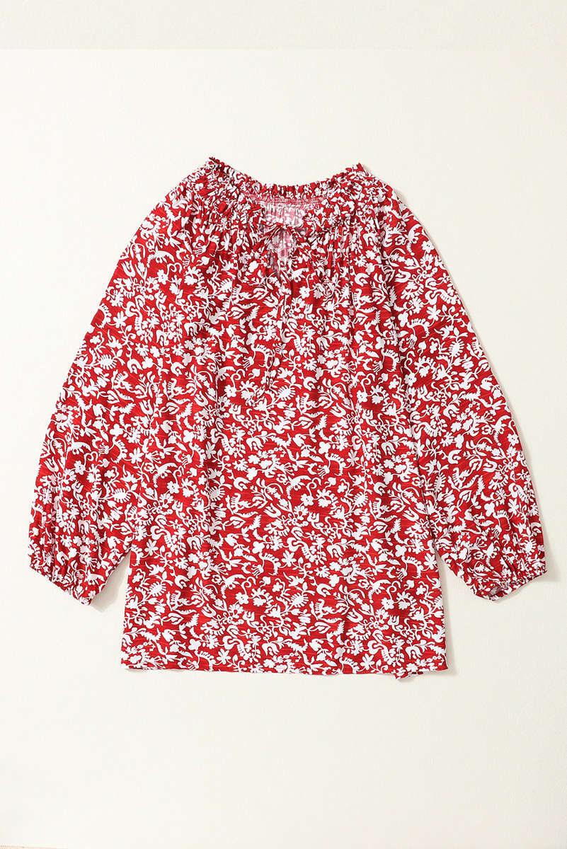 Burgundy Floral Print Smocked Tie Neck Blouse