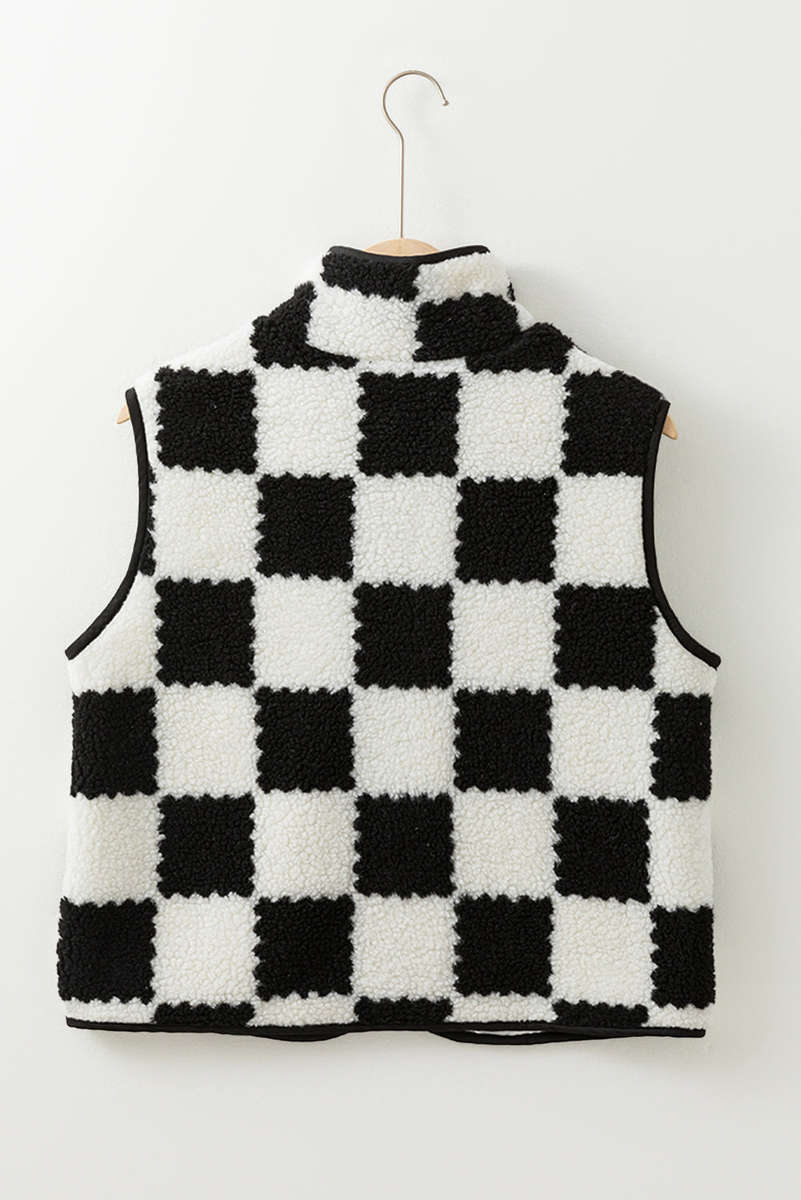 Black Checkered Sherpa Collared Jacket Vest