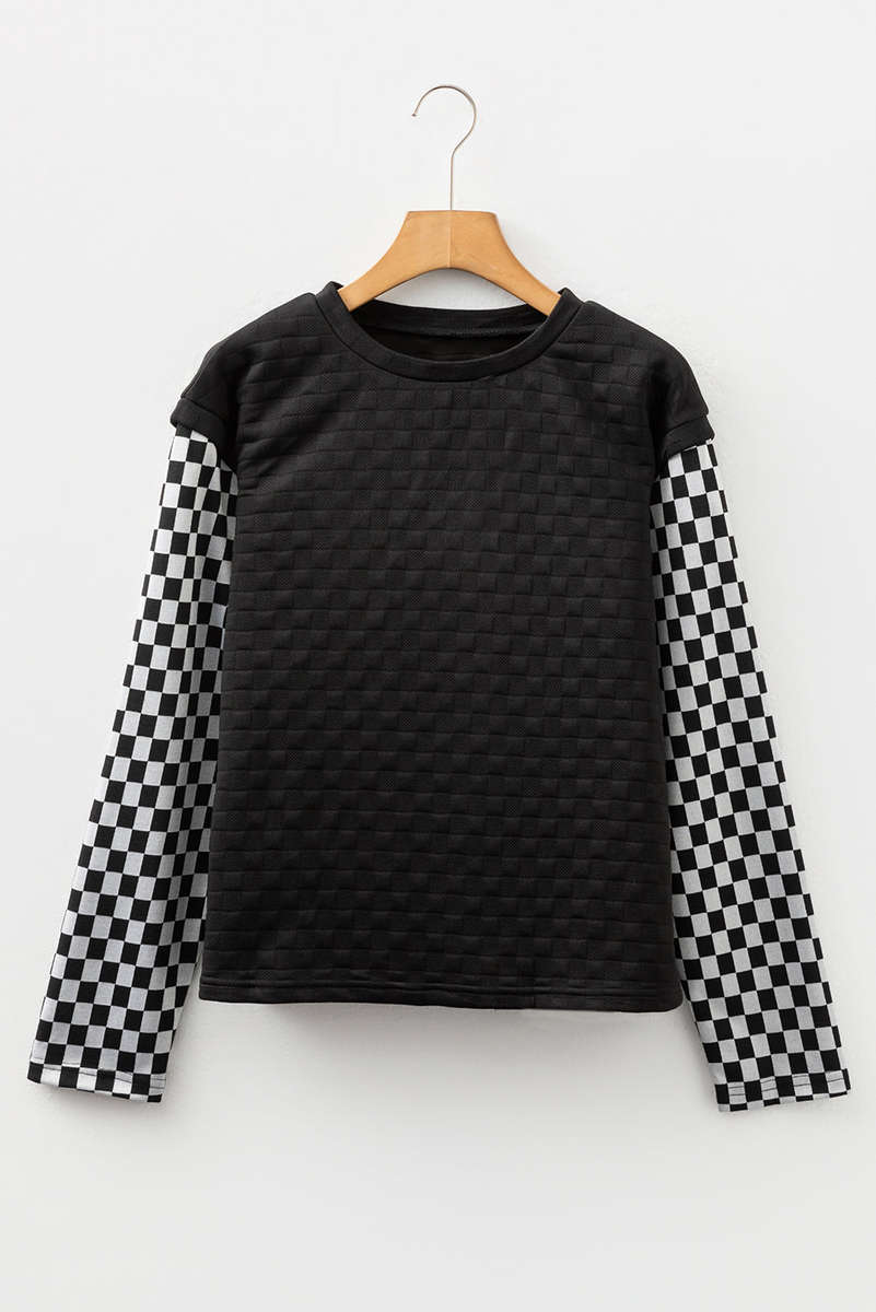 Black Plaid Textured Contrast Checkered Patchwork Long Sleeve Top