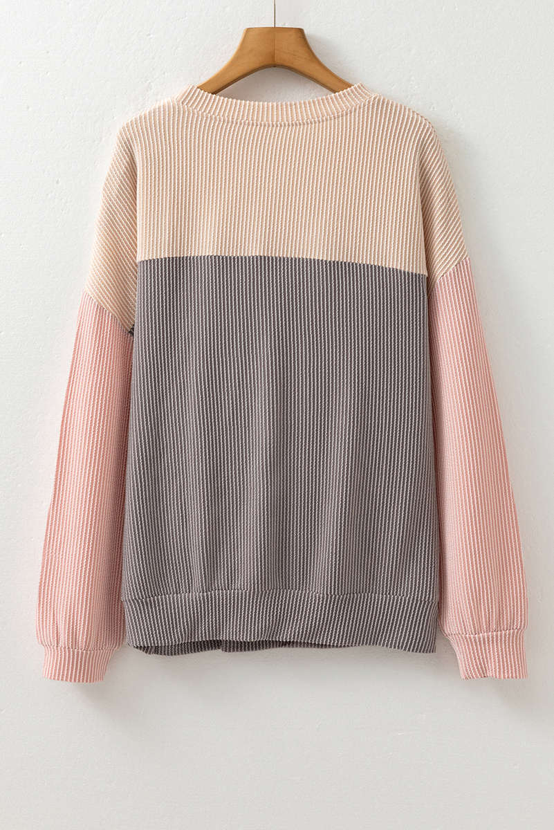 Multicolor Color Block Long Sleeve Ribbed Loose Top