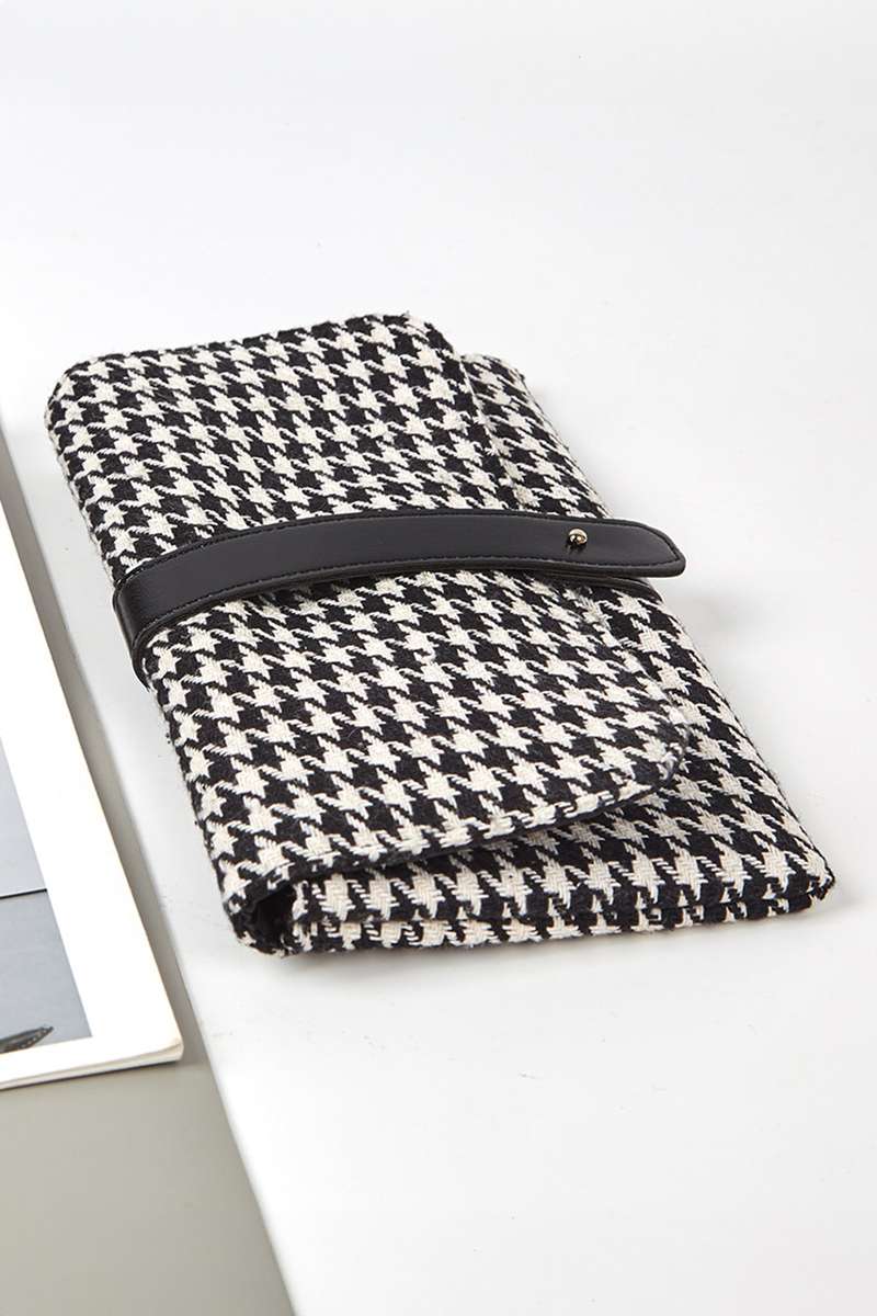 Black Houndstooth Print PU Leather Tab Patchwork Wallet Clutch Bag
