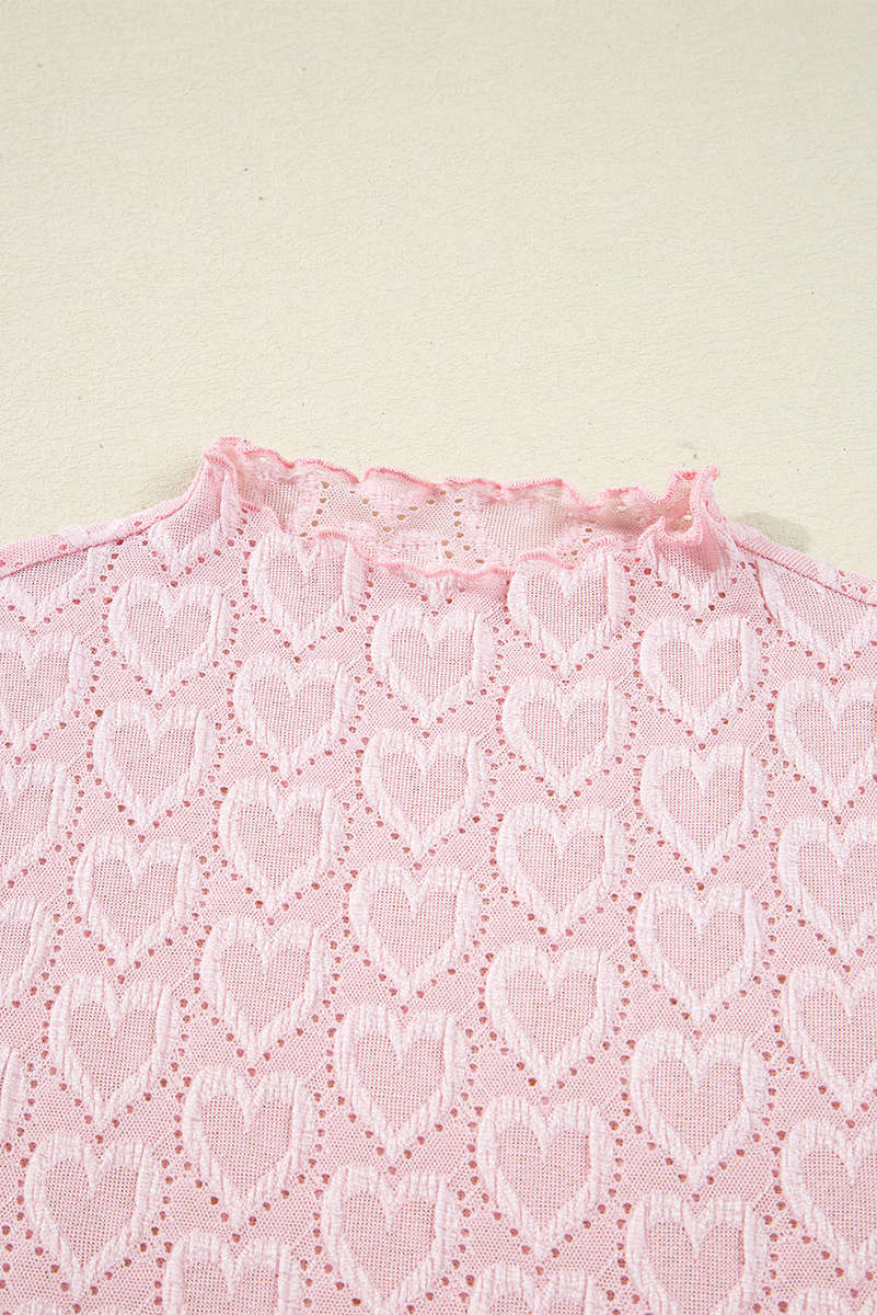 Gossamer Pink Heart Jacquard Flare Sleeve Mock Neck Fitted Top