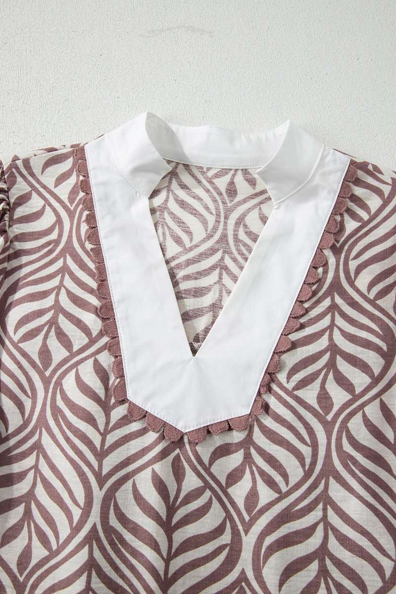 Brown Leaf Print Standing Collar Puff Sleeve Top