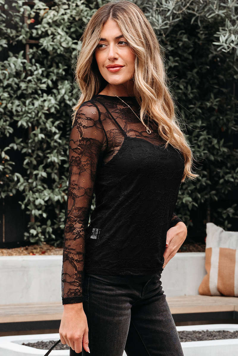 Black Lace Crochet Mesh Patched Slim Fit Long Sleeve Top