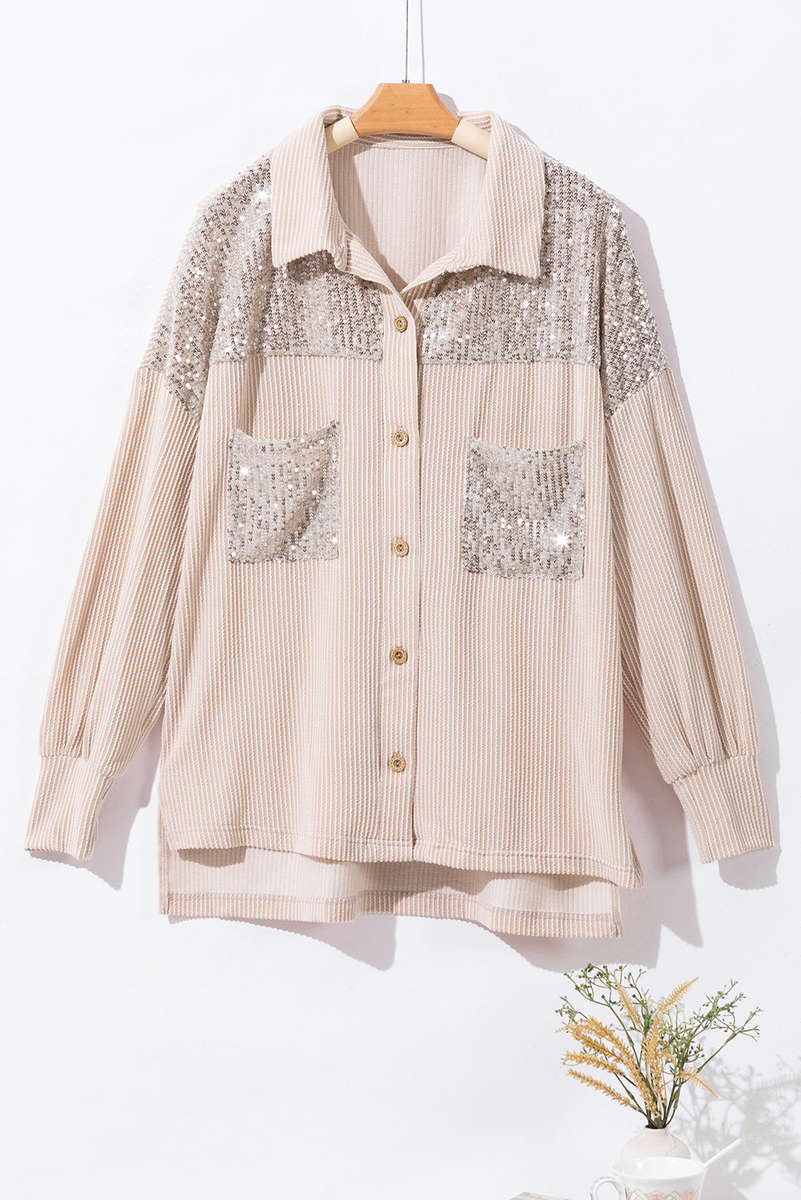 Parchment Sequin Patch Chest Pocket Corded Shacket