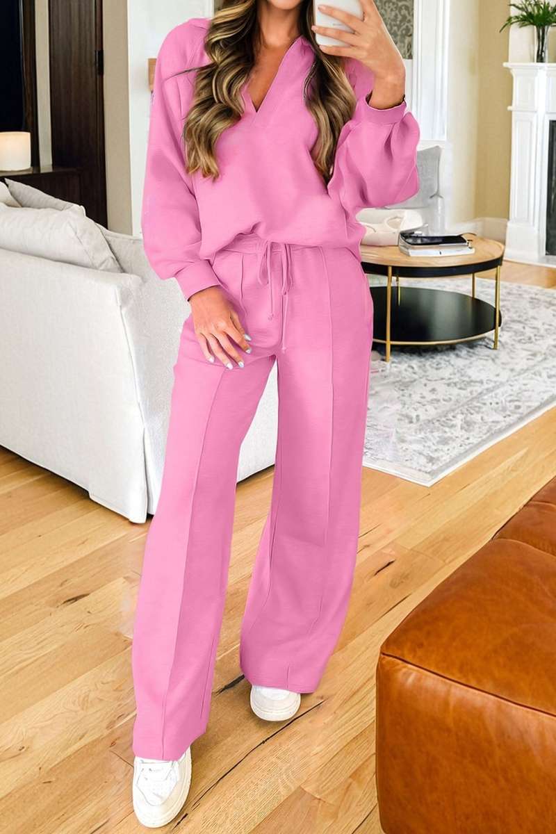 Bright Pink Polo Collar V Neck Pullover and Drawstring Sweatpants Set