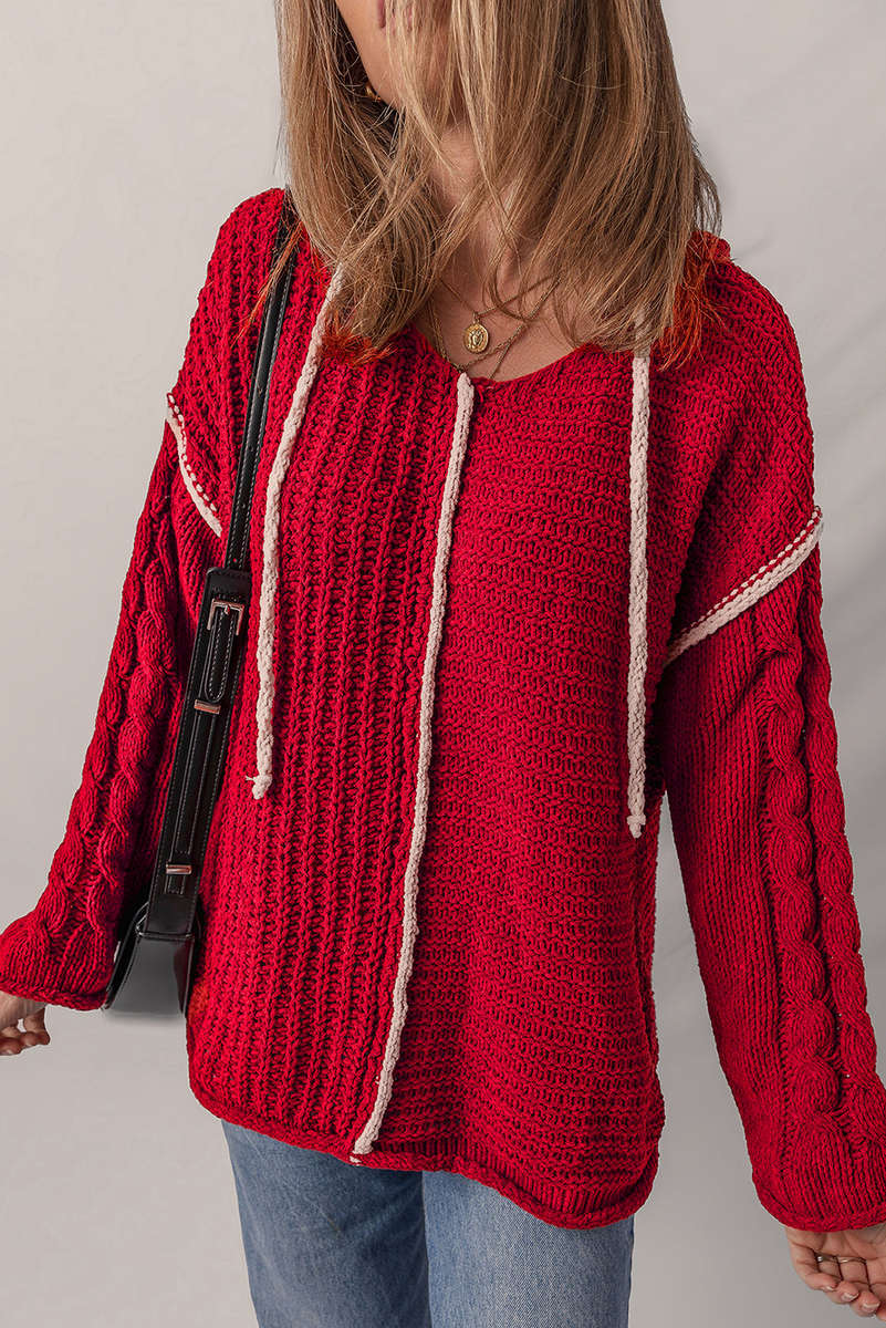 Racing Red Color Contrast Trim Textured Knit Drawstring Hooded Sweater