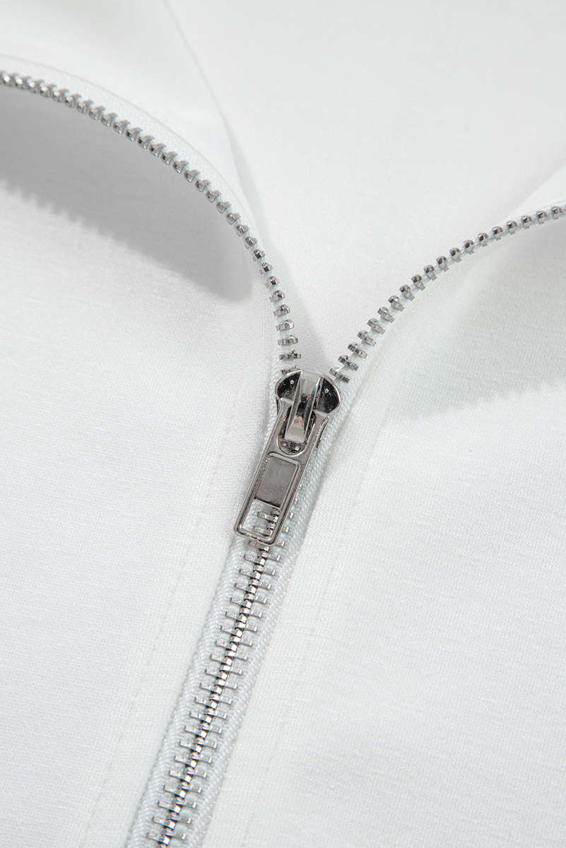 White Solid Color Zip Up Knit Puff Sleeve Jacket