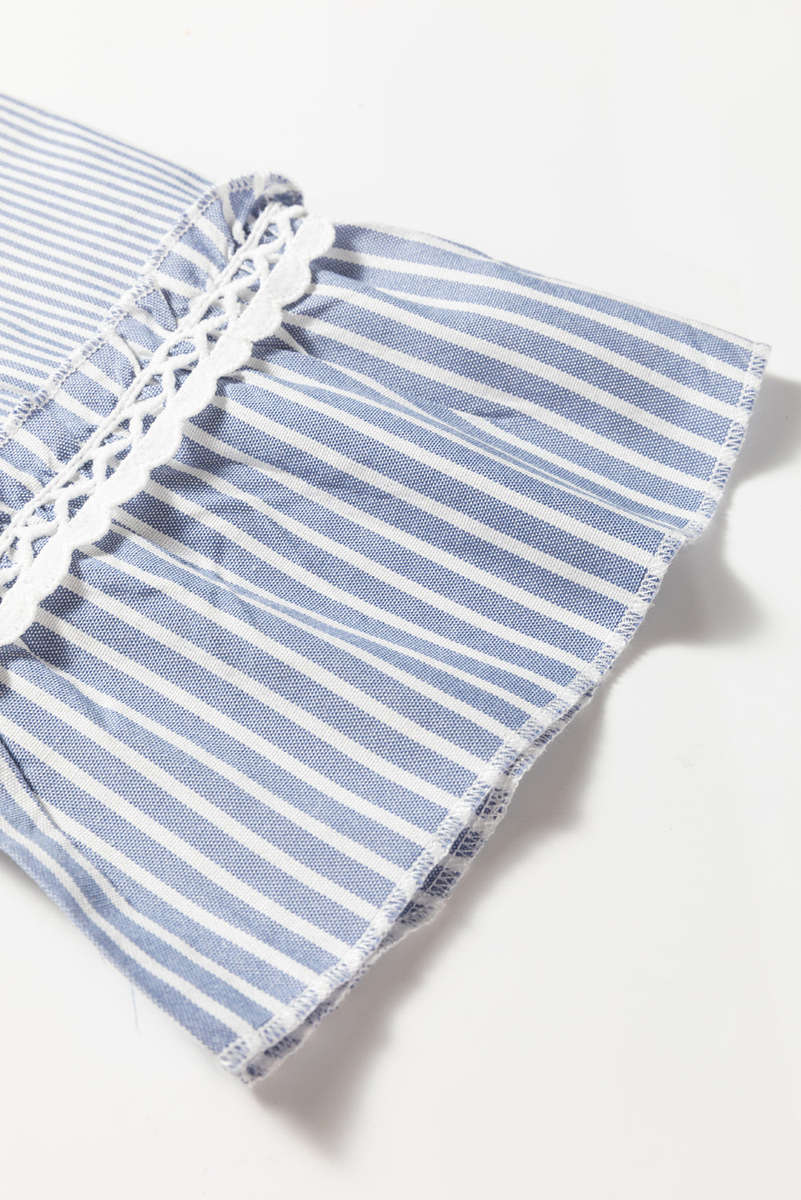 Sky Blue Stripe Patchwork Crossed Lace Detail Bracelet Sleeve Maxi Dress