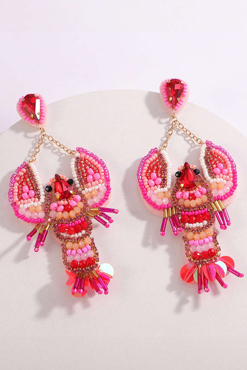 Rose Red Crystal Gem Beaded Crayfish Earrings