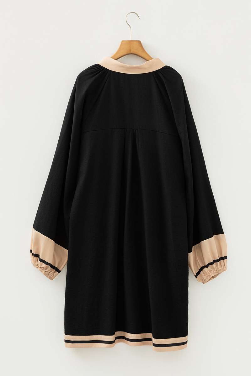 Black Plus Size Color Block Striped Trim V Neck Long Sleeve Shift Mini Dress