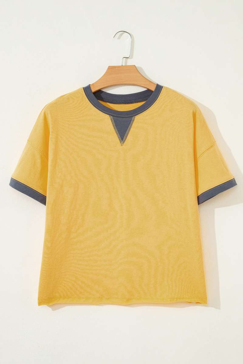 Banana Cream Contrast Trim Raw Hemline Short Sleeve Loose Top