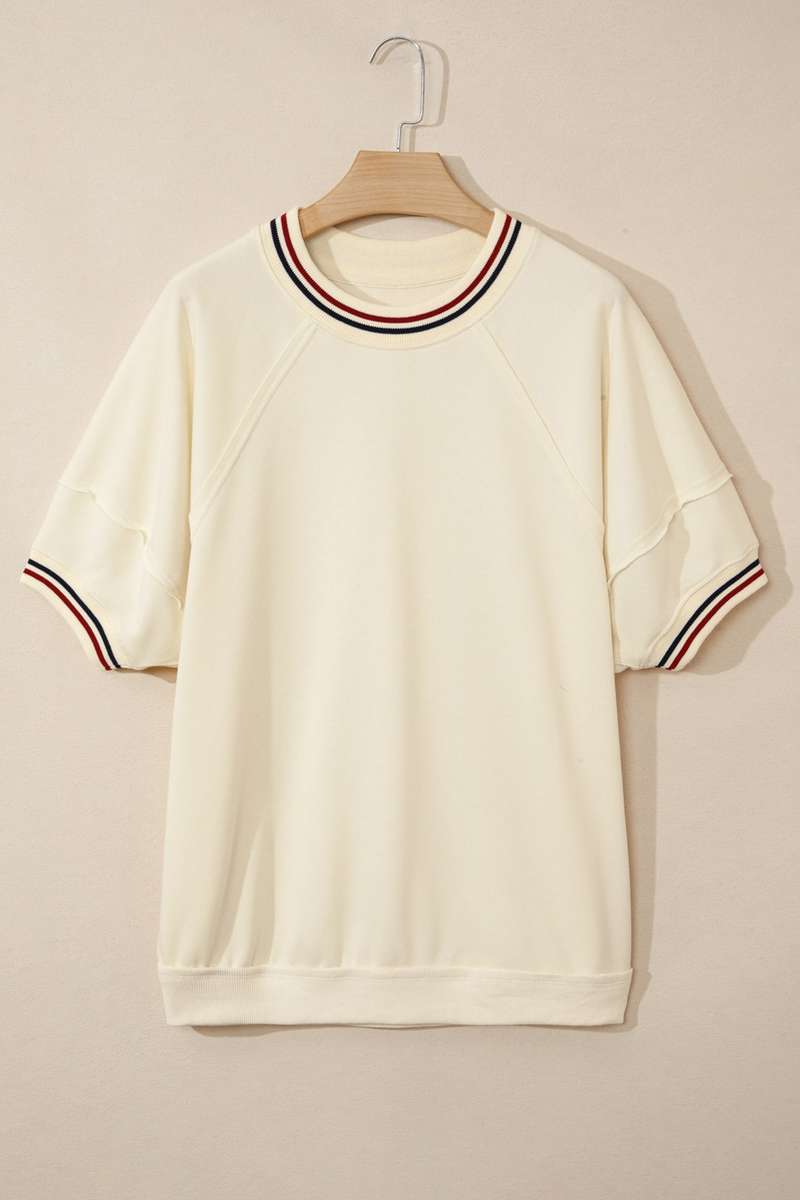 Beige Contrast Varsity Striped Neckline Cuffed Short Sleeve Loose Tunic Top