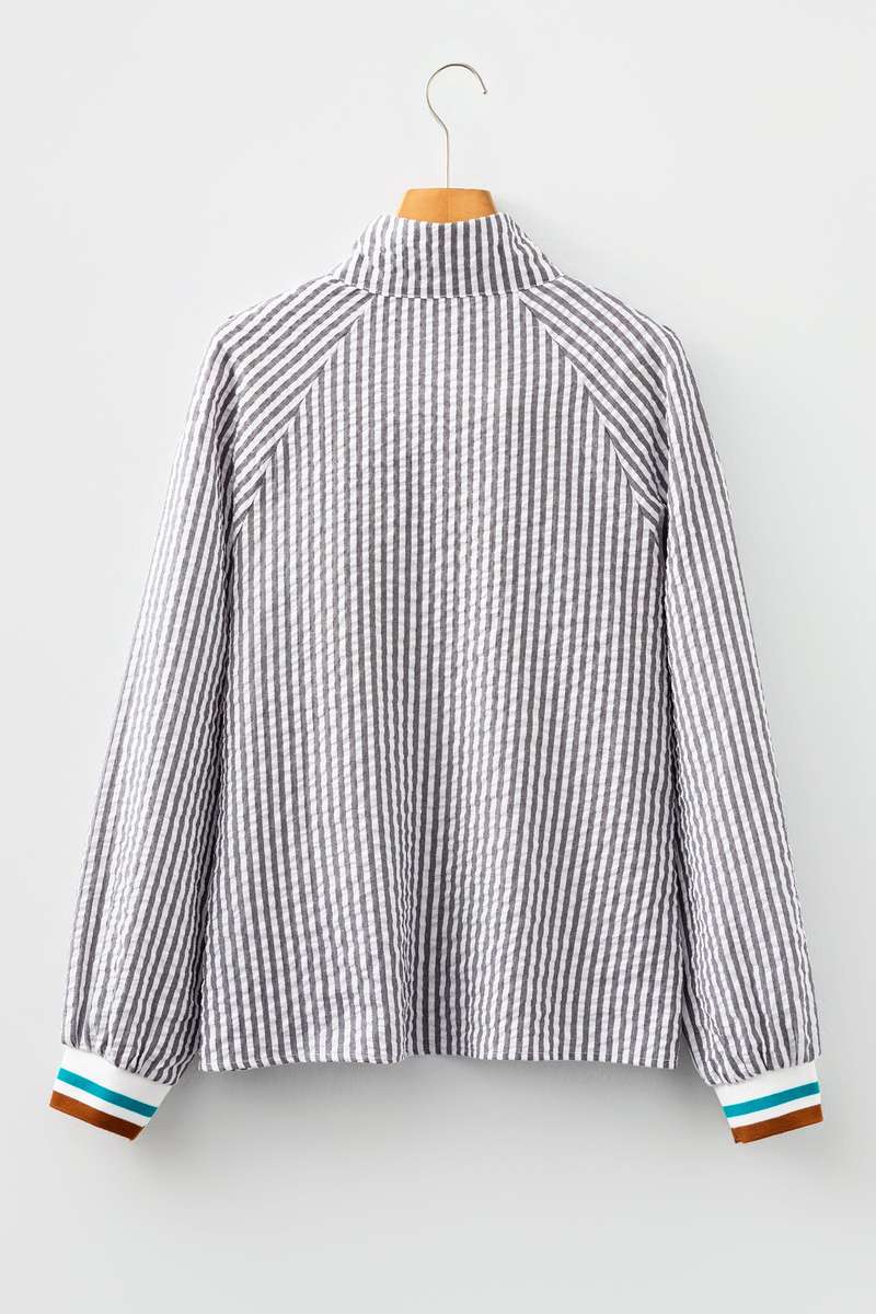 Dark Grey Striped Print Contrast Patchwork Detail Split Neck Blouse