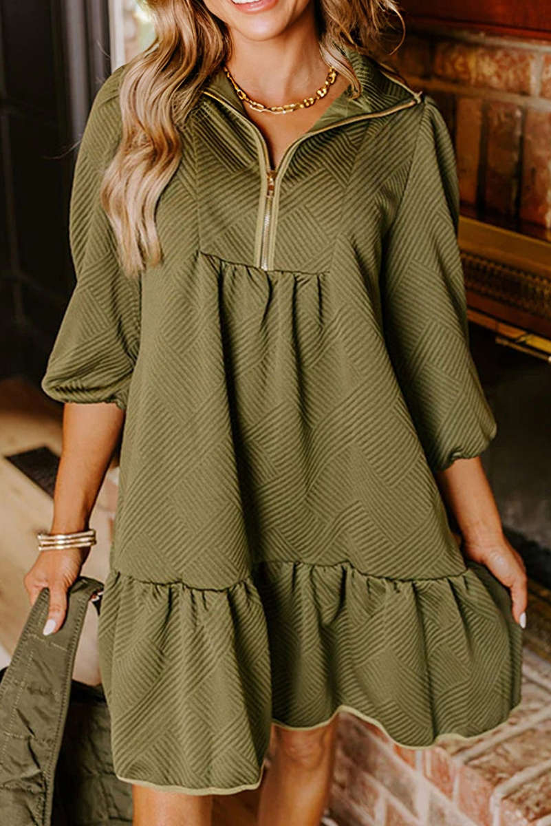 Jungle Green  Quarter Zip Collar Bracelet Sleeve Textured Mini Dress