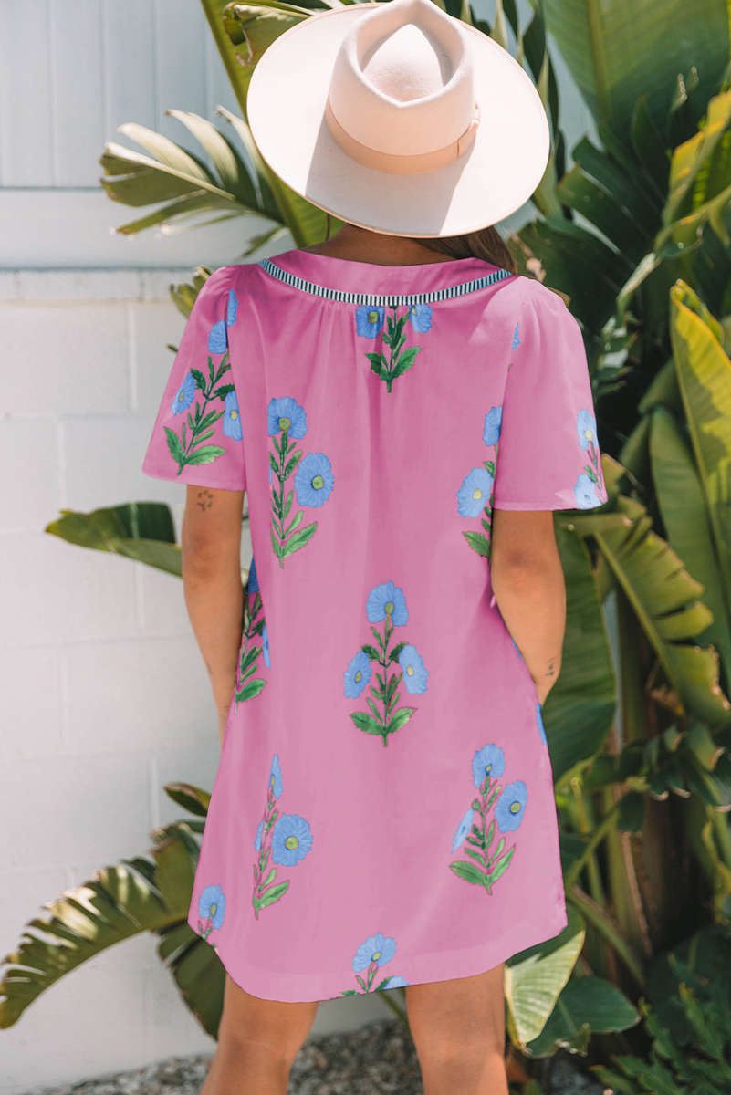 Rose Floral Short Sleeve Split Neck Loose Mini Dress