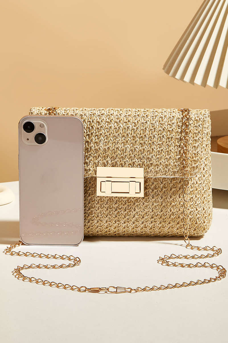 Camel Woven Chain Strap Flap Shoulder Bag
