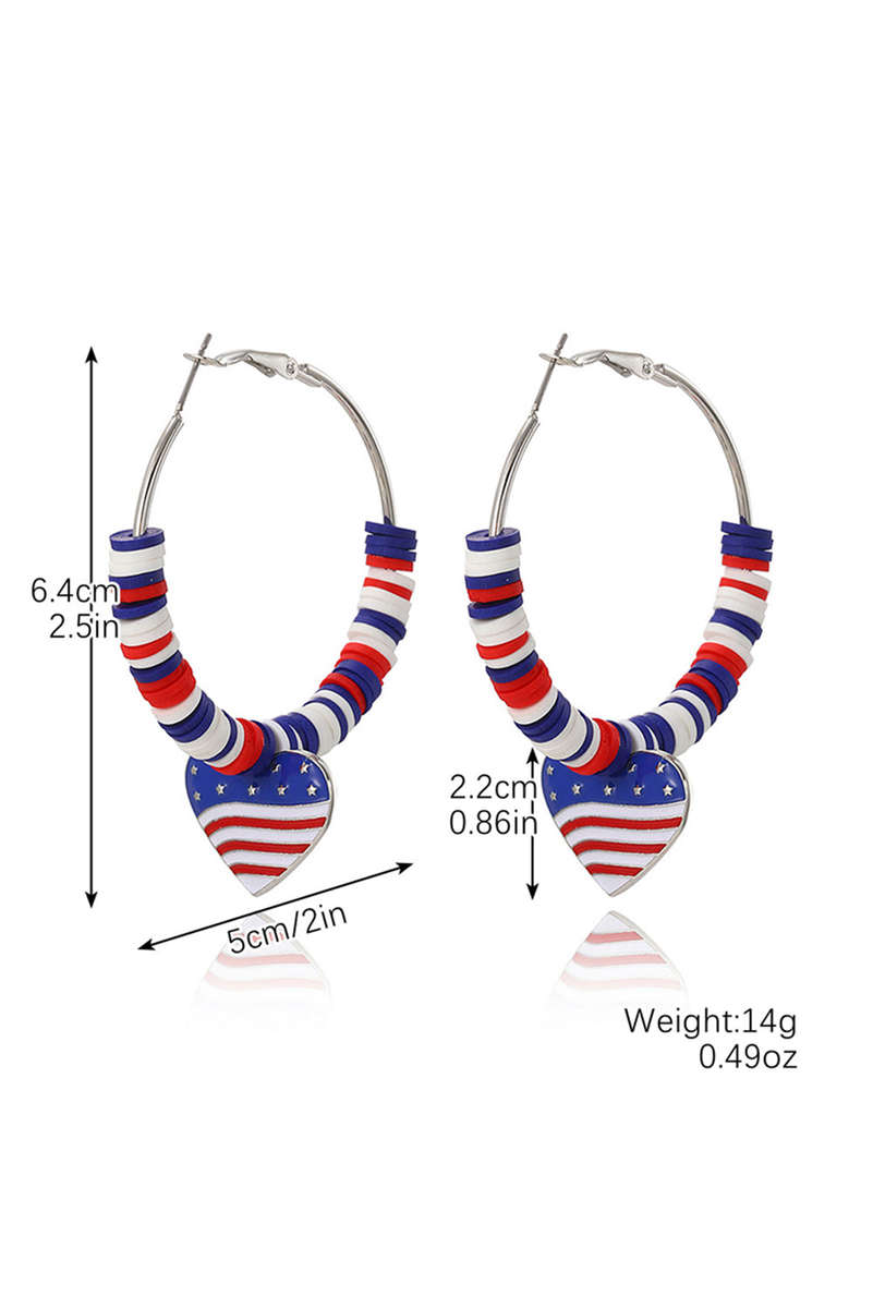 Silvery US Flag Heart Pendant Beaded Big Hoop Earrings