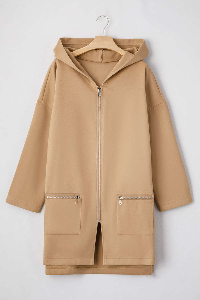 Light French Beige Solid Color Casual Zip up Hooded Coat