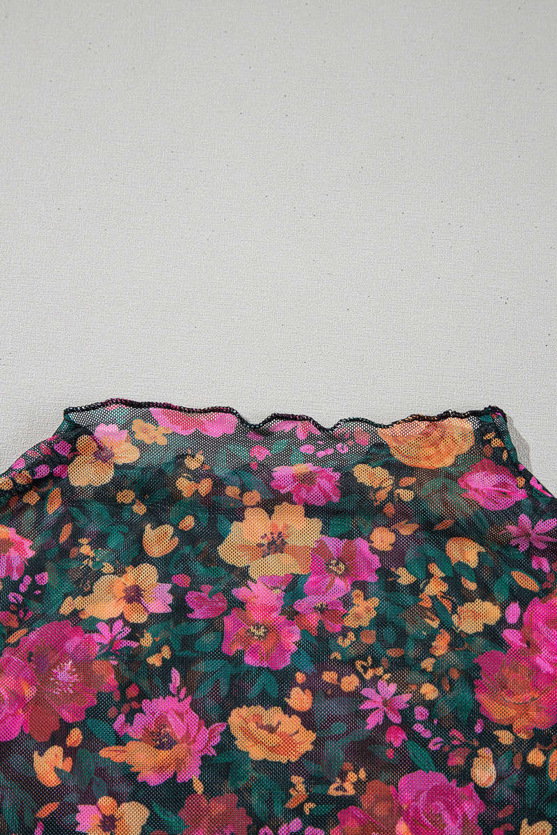 Rose Floral Print Mesh Stand Neck Short Sleeve Top